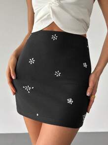 SHEIN Privé Women Elegant Rhinestone Decor Sleeveless Casual High Waist Skirt - Black - View 1