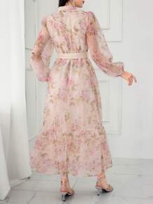 Modelyn 女士花卉印花灯笼袖前扣优雅连衣裙 - 彩色 - 查看 3
