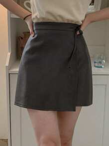 DAZY Women's Casual Solid Color Drawstring Wrap Skirt Leather Skirt - Dark Grey - View 4