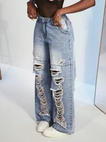 Slaydiva Damen Lässig Destroyed einfache modische Jeans, Alltagskleidung - Blau - Übersicht 2