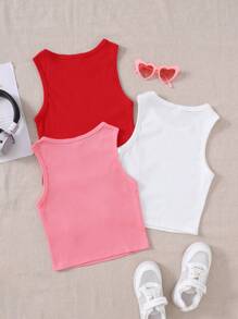 SHEIN 3pcs/Set Tween Girls' Solid Color Knit Heart Pattern Ribbed Tank Tops, School, Campus, College - Multicolor - View 2