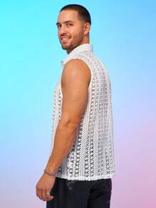 FeverCity Men's Loose-Fit Sleeveless Shirt With Mock Crochet Lattice Pattern & Turndown Collar - Beige - View 4