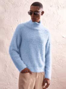 AKNOTIC Business Casual Men's Oversized High Neck Loose Drop Shoulder Long Sleeve Sweater, Suitable For Autumn/Winter - Baby Blue - View 2