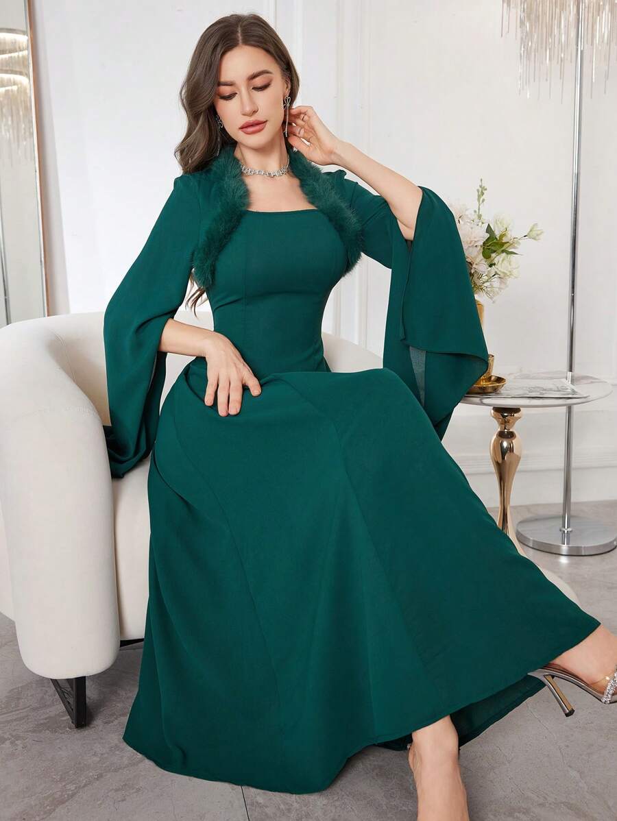 Modelyn Damen Kunstfell Splice Offene Ärmel Langes Kleid, Elegant
