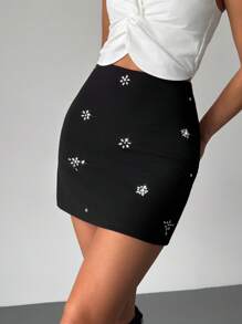SHEIN Privé Women Elegant Rhinestone Decor Sleeveless Casual High Waist Skirt - Black - View 5
