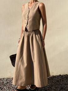 DAZY 女士休闲纯色V领背心和裙子两件套亚麻套装