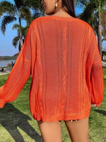 Flirla 1pc Women Plus Size Solid Color Drop Shoulder Long Sleeve Pullover Sweater, Autumn/Winter Knit Pullover Fall - Orange - View 2