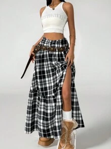 SHEIN Tween Girls Spring/Summer Plaid Print High Slit Ruffle Hem Skirt - Black - View 1