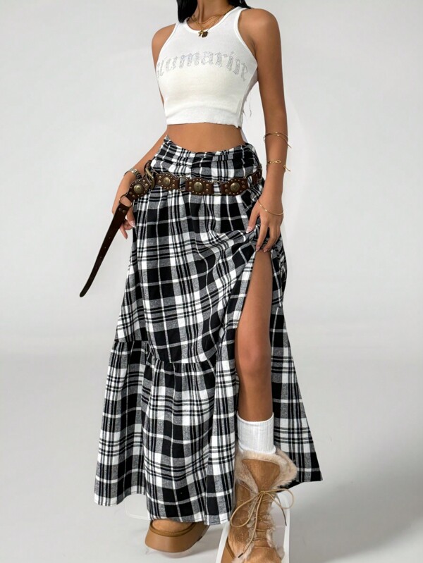 SHEIN Tween Girls Spring/Summer Plaid Print High Slit Ruffle Hem Skirt