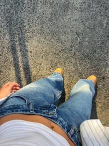 EURMUSE WOMEN BACK DETAIL FRINGE POCKET LOW WAIST EXTRA WIDE LEG JEANS - Medium Wash - View 6