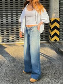 EURMUSE WOMEN BACK DETAIL FRINGE POCKET LOW WAIST EXTRA WIDE LEG JEANS - Medium Wash - View 7