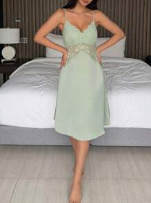 DAZY Semi-Sheer Lace Patchwork Satin Camisole Nightgown, Pajama - Green - View 7