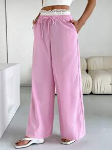 SHEIN Essnce Pink Pants Valentines Clothes Women's Casual Contrast Waistband Striped Wide Leg Pants