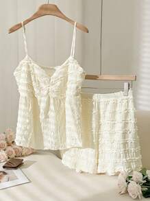 CosyJoli Plus Size 2 Pieces Set Solid Color Camisole And Shorts, Minimalist Fashion Casual Daily Wear,Slightly Sheer - Apricot - View 1