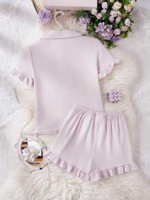 2pcs Set Tween Girls Elegant Ruffled Shrug & Shorts Pajama, Casual & Minimalistic Young Girls Clothing Sets Short Sleeve Young Girls Pajamas Two Pieces Pajamas Pajamas Sets Two Pieces Pajama Set