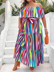 SHEIN CURVE+ Plus Size Vacation Leisure Colorful Striped Pattern Off-Shoulder Ruffle Trimmed Multi-Tiered Hem A-Line Dress Pride Month Rainbow Women's Long Dress Boho Vacation - Multicolor - View 5