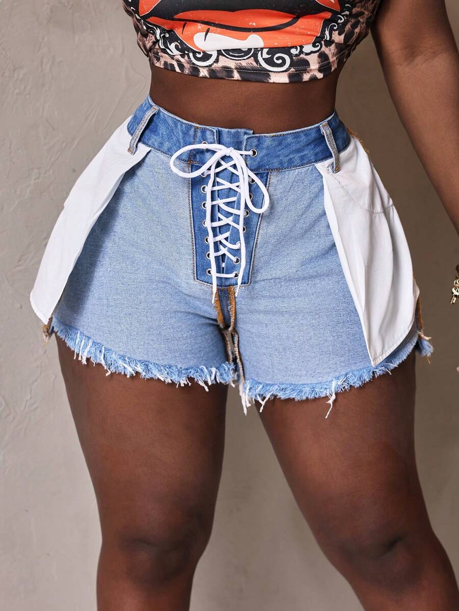 Slaydiva Women's Solid Color Patchwork Front Tie Frayed Hem Casual Denim Shorts - Multicolor - View 1