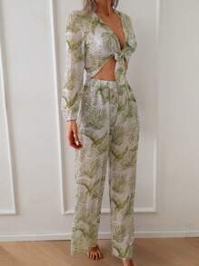 SHEIN Swim Women's Premium Elegant Palm Leaf Print Kimono Cover Up Set, Suitable For Vacations, For Summer Beach - Green - View 3