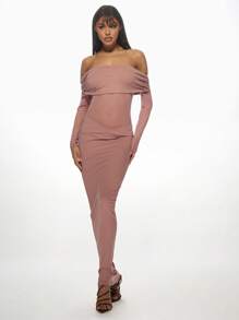 MISSGUIDED Bardot Off Shoulder Long Sleeve Bodycon Maxi Dress With Mesh Cutout Evening Party Formal Ruched Design Special Occasion - Dusty Pink - View 5