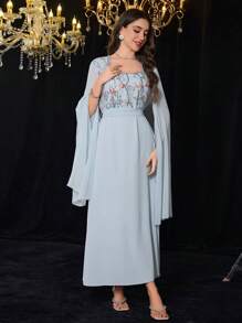 Modelyn 女式刺绣方形领口超长袖收腰连衣裙 - 藍色 - 查看 6