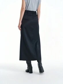 Aalyst Black Low Waist Smooth Straight Skirt, Modest & Elegant - Black - View 5