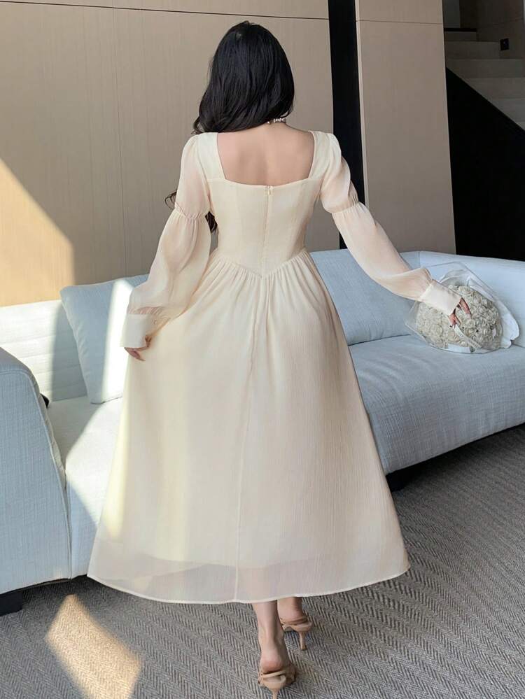 Women Elegant Wedding Guest Solid Color Square Neck Puff Sleeve Tie-Up Mid-Long Dress, Spring Prom Dress, Fall Dress Long Sleeve Dress