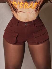 Slaydiva Pantalones cortos de mezclilla casuales de color liso, de uso diario y de moda para mujer - Café integral - Ver 2