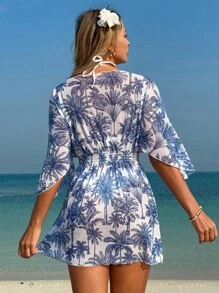 Swim Lushoire Beach Summer Vacation Outfit Women Tropical Print Sheer Loose Waist V Neck Mid-Length Casual Cover Up Shirt - Blue and White - View 2