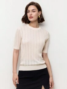 BizChic Women's Openwork White Hollow Round Neck Textured Knit Sweater Top, Spring/Summer - Apricot - View 2