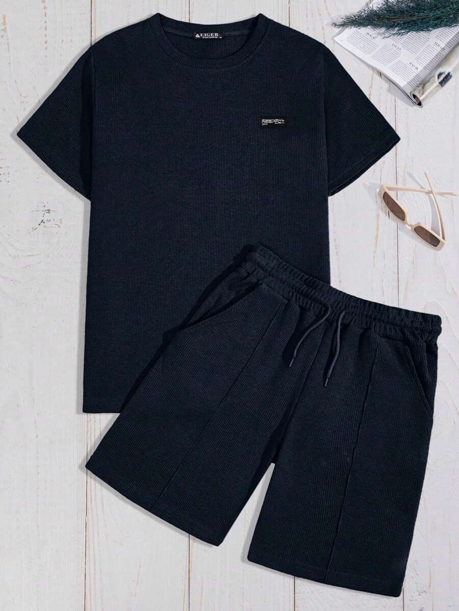 EURMUSE 100% Baumwolle Herren Klassisches Karo Knopfleisten Detail Kurzarm T-Shirt und Shorts Set - marineblau - Übersicht 1
