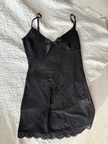 DAZY Polka Dot Lace Sheer Bowknot Sleeveless Fitted Women Sexy Nightgown