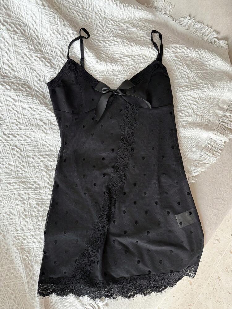 Polka Dot Lace Sheer Bowknot Sleeveless Fitted Women Sexy Nightgown Lingerie For Women
