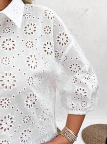 SHEIN CURVE+ Plus Eyelet Embroidery Drop Shoulder Shirt Boho Vacation - White - View 10