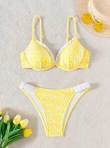 Swim Mod Bộ đồ bơi nữ vải họa tiết hoa mùa xuân có gọng 2 món đi biển Bikini ngày lễ Đồ bơi tam giác nhún bèo dễ thương thường ngày cho tiệc hồ bơi - Màu vàng - Xem 5