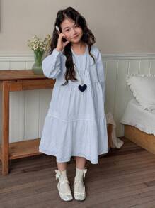 DAZY Long A-Line Lace Patchwork Solid Color Round Neck Long Sleeve Tween Girl Dress - Baby Blue - View 2