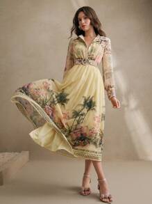 Anewsta Vestido largo con cintura definida, de manga larga y estampado floral bohemio, atuendo de primavera para vacaciones