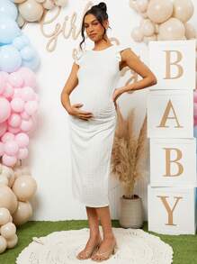 Loomaby Pregnant Women Elegant Solid Color Textured Cap Sleeve Dress - White - View 3