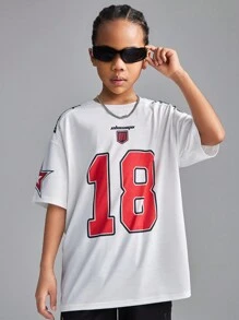 SHEIN Tween Girls Spring/Summer Streetwear Blokecore Football Red Number Letter Print Tee