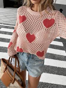 SHEIN LUNE Lente/zomer Hollow Heart Crew Neck gebreide crop top, modieuze trui voor laagjes, geschikt voor Valentijnsdag