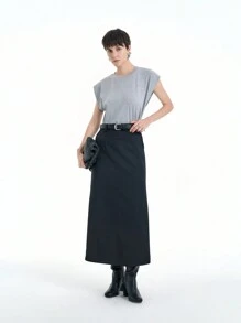 Aalyst Black Low Waist Smooth Straight Skirt, Modest & Elegant - Black - View 6