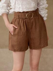 MOTF PREMIUM 100% LINEN SLANT POCKET PAPER BAG WAIST SHORTS - Brown - View 7