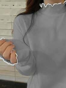 DAZY Women High Collar Ruffle Trim Long Sleeve Solid Color Knitted Base T-Shirt,Fall Clothes - Grey - View 2