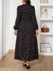 SHEIN Frenchy 大码女式黑色碎花长裙，轻盈休闲黑色长裙，春夏新品 - 黑色 - 查看 2