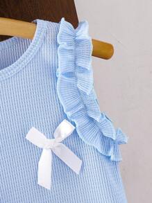 2pcs/Set Young Girl Blue Knitted Vest Top With Ruffled Trim And White Bow Design, Paired With Mesh White Skirt, Comfortable & Cute Summer Holiday Outfit - Baby Blue - View 4