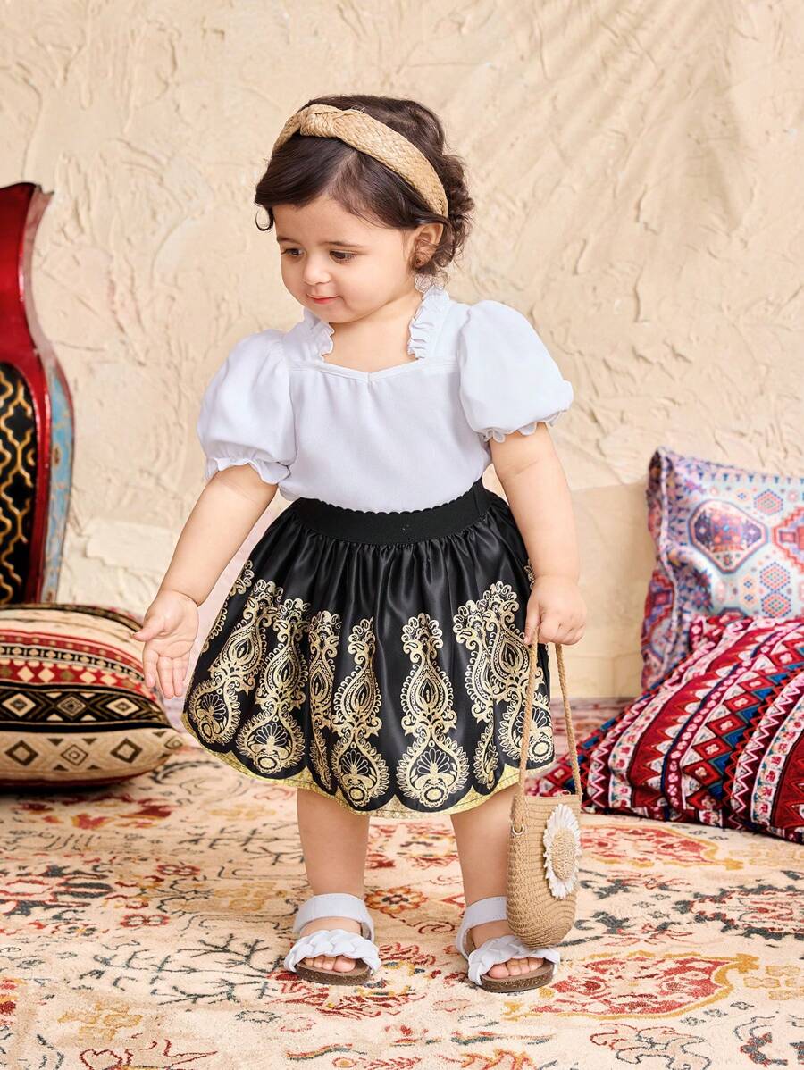 Babygirl קיץ מתוק לבן חולצה קצרה וחצאית מיני בדוגמת זהב יוקרתית 2 חלקים סט - שחור ולבן - ראה 1