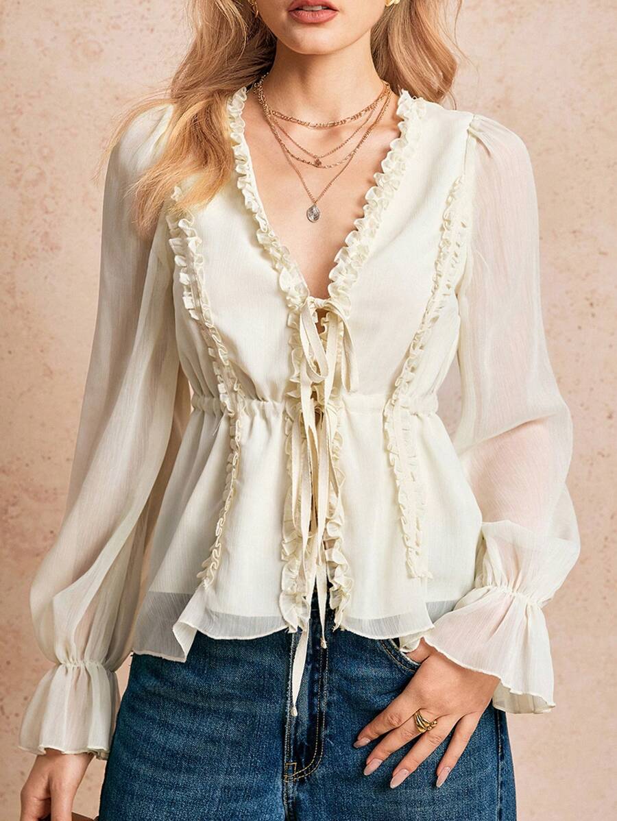 Poéselle Women's Drawstring At Waist Apricot Chiffon Lace-Up Flowing Ruffle Solid Color Long Sleeve Simple Fashion Casual Daily Blouse