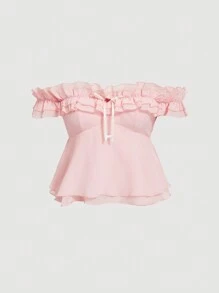 SHEIN MOD One-Shoulder Ruffled Babydoll Dress Shirt, Romantic Summer Shirt, Holiday Shirt, Suitable For Dates, Parties, Afternoon Tea, Birthdays - Pink - View 1