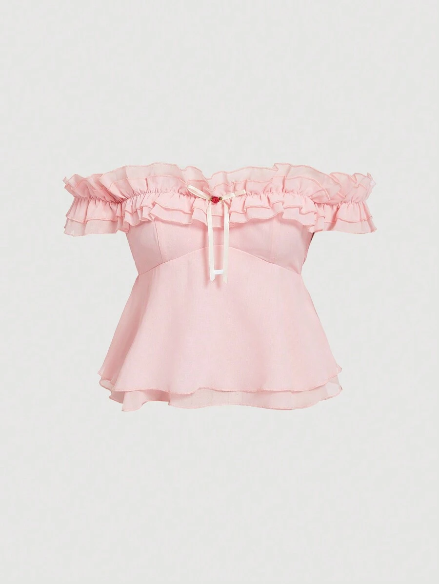 SHEIN MOD One-Shoulder Ruffled Babydoll Dress Shirt, Romantic Summer Shirt, Holiday Shirt, Suitable For Dates, Parties, Afternoon Tea, Birthdays - Pink - View 1