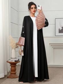 Yasmyna Abaya larga con mangas abullonadas de color bloque plisada, vestido modesto - Negro - Ver 7