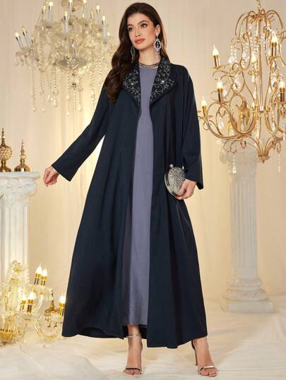 Al Najma Loose Fit Hooded Abaya Robe For Women, With Rhinestone Decor On The Collar, Elegant & Glamorous